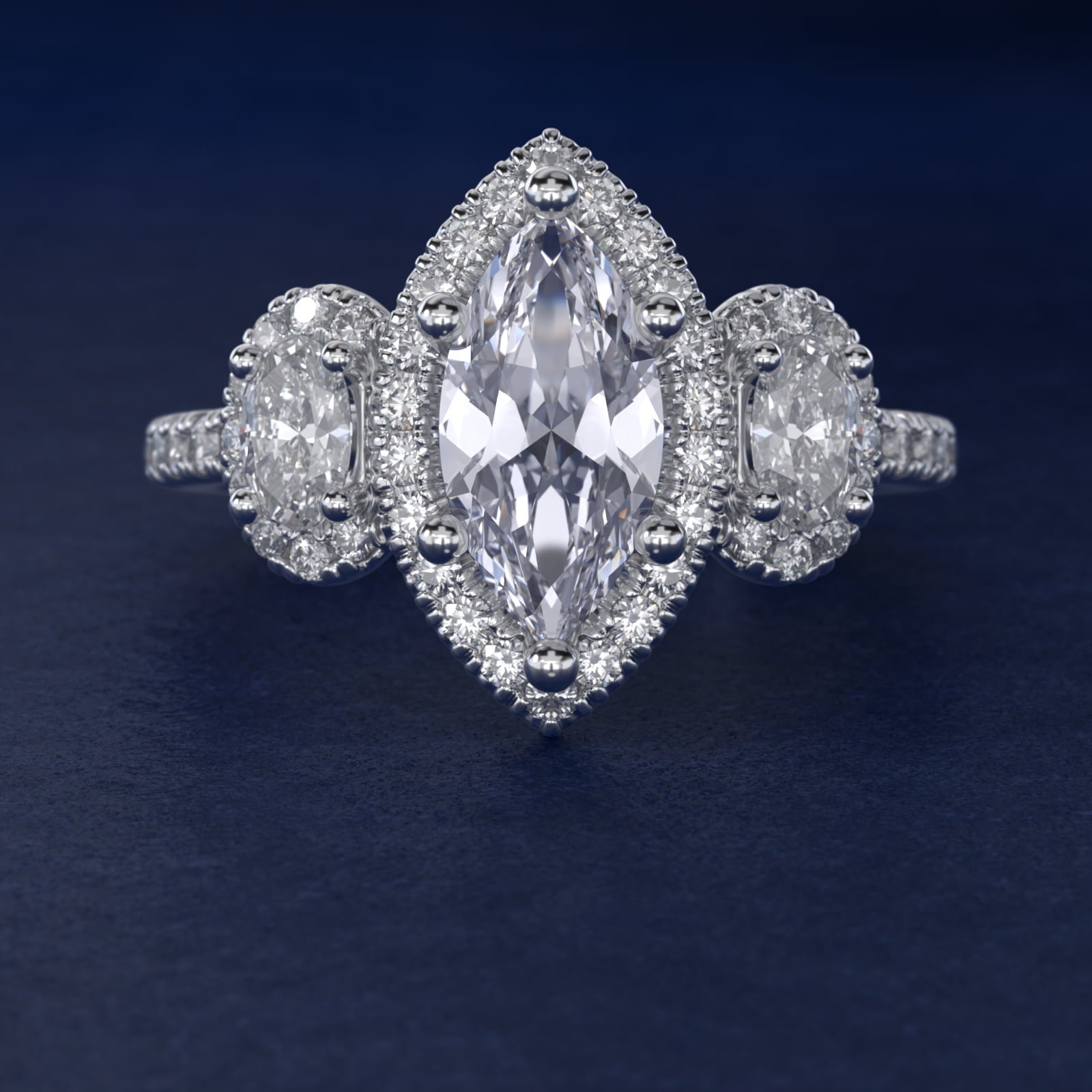 Three-Stone Oval Halo Diamond Engagement Ring in 14k White Gold - Marquise Center
