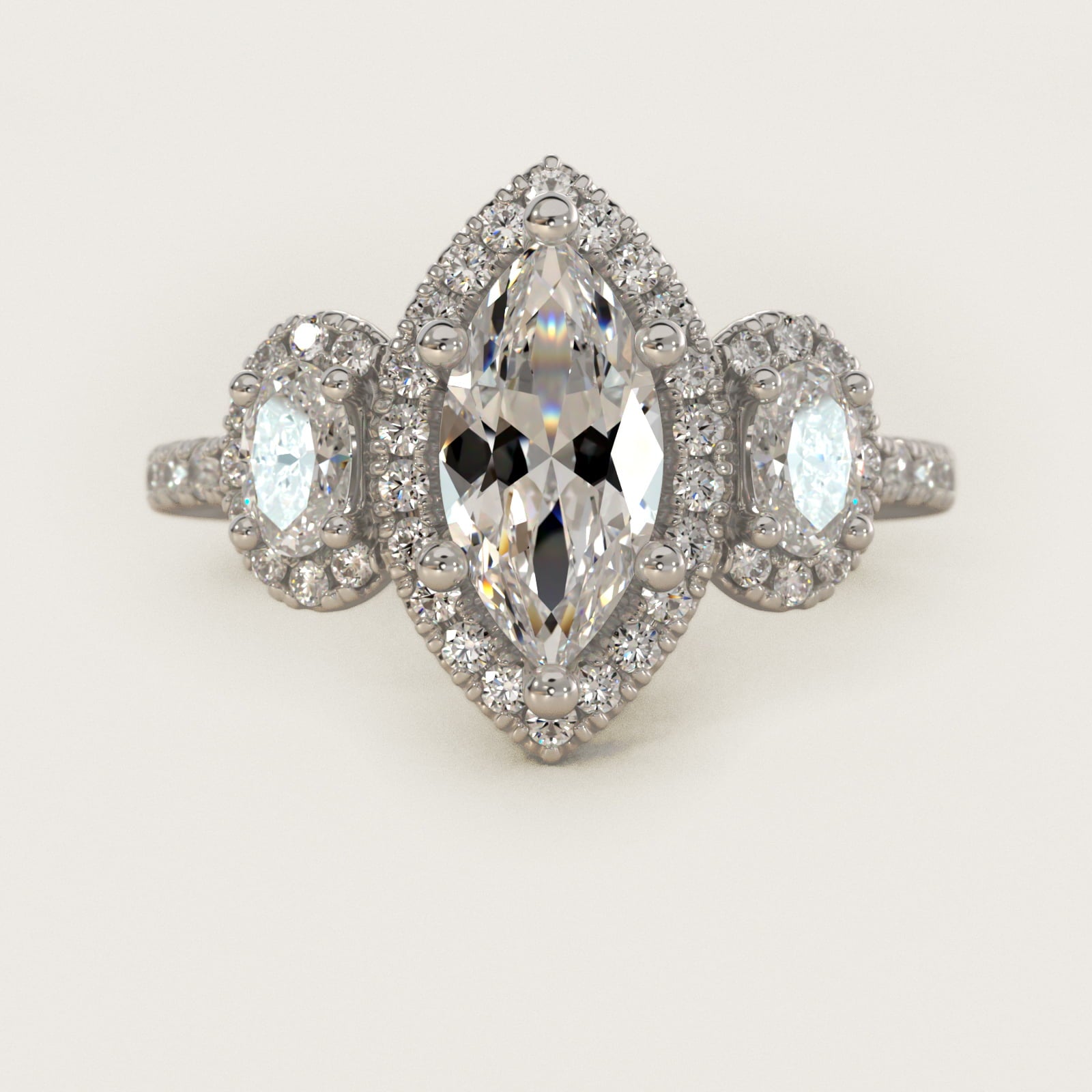 Three-Stone Oval Halo Diamond Engagement Ring in 18k White Gold - Marquise Center