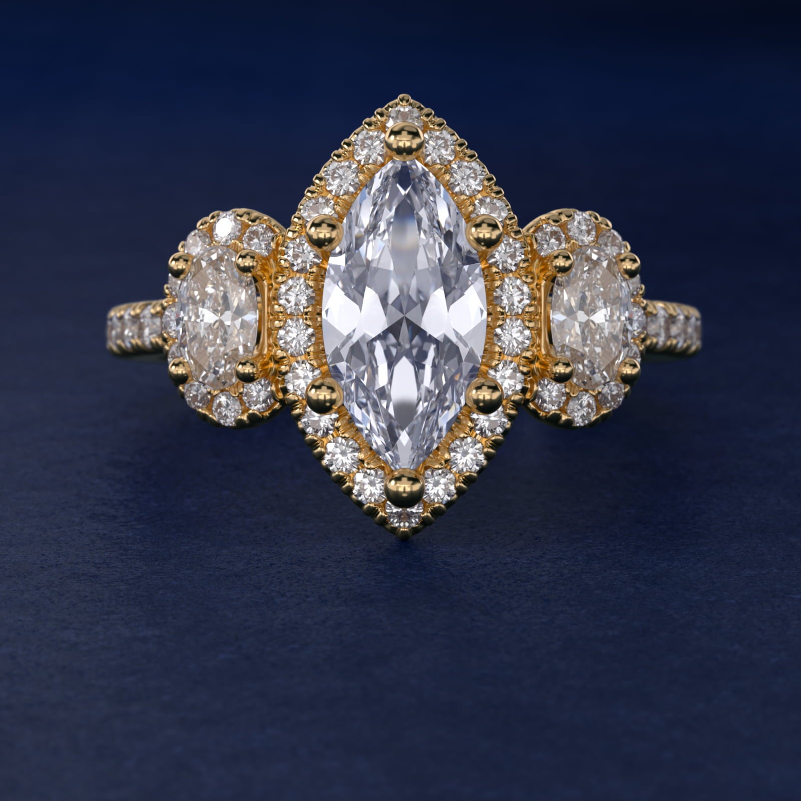Three-Stone Oval Halo Diamond Engagement Ring in 18k Yellow Gold - Marquise Center