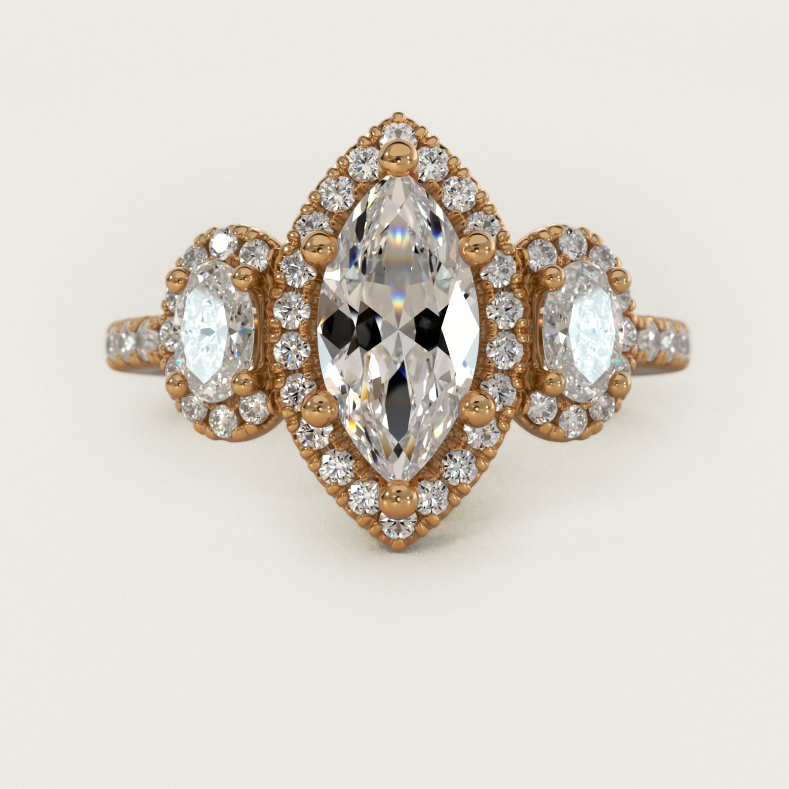 Three-Stone Oval Halo Diamond Engagement Ring in 18k Yellow Gold - Marquise Center