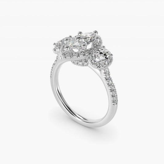 Three-Stone Oval Halo Diamond Engagement Ring in Platinum - Marquise Center