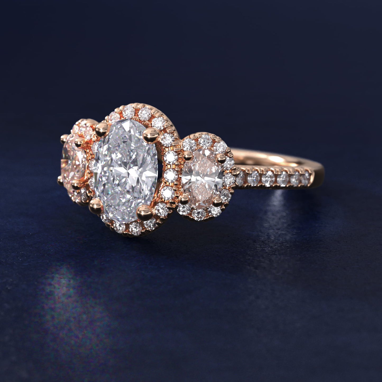 Three-Stone Oval Halo Diamond Engagement Ring in 18k Rose Gold - Oval Center