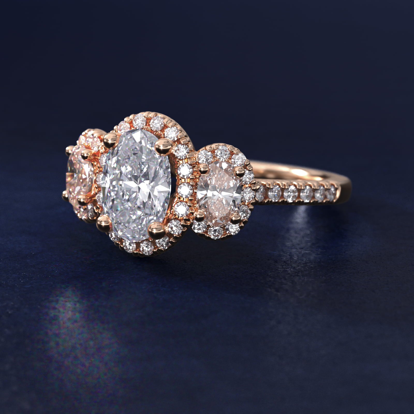 Three-Stone Oval Halo Diamond Engagement Ring in 18k Rose Gold - Oval Center
