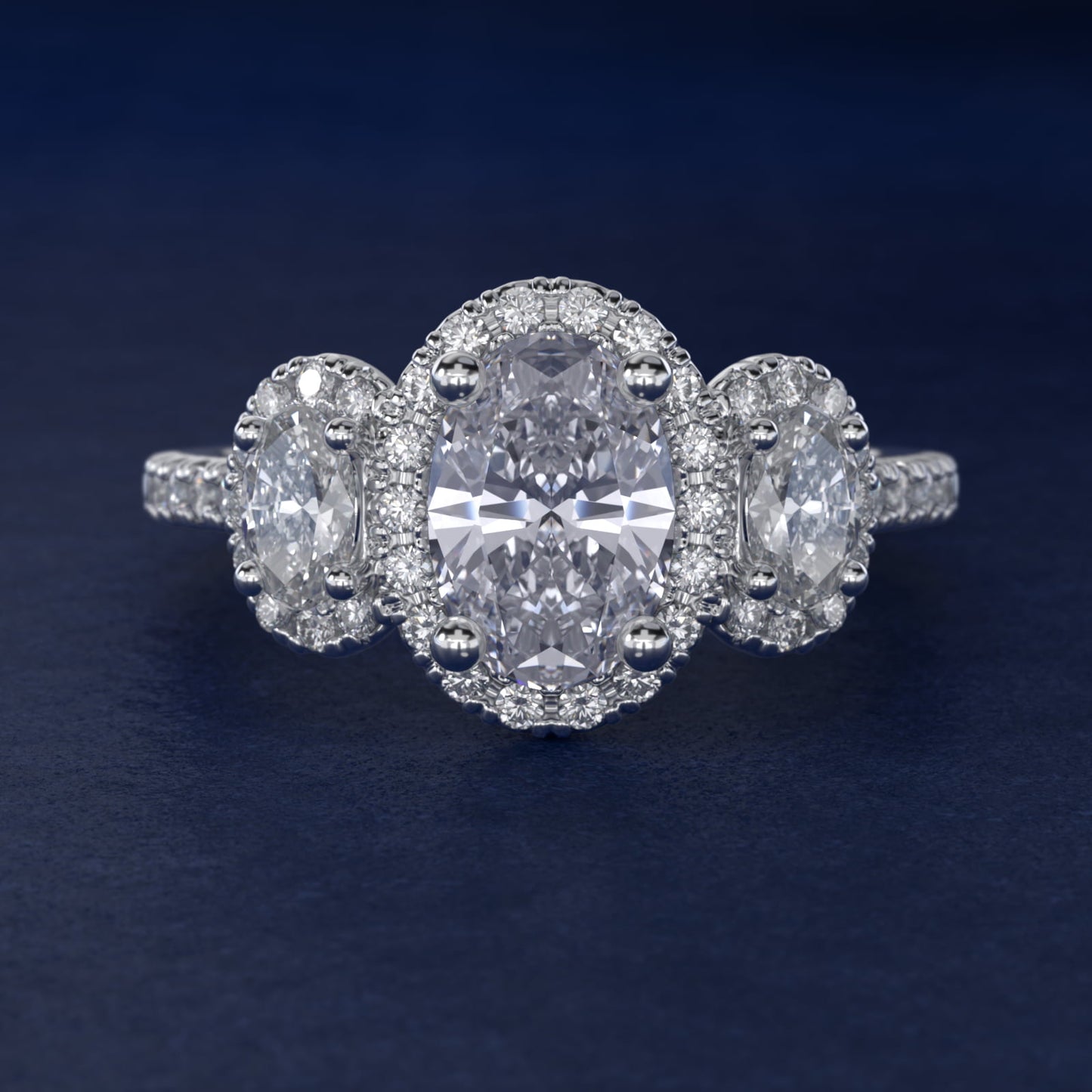 Three-Stone Oval Halo Diamond Engagement Ring in 14k White Gold - Oval Center
