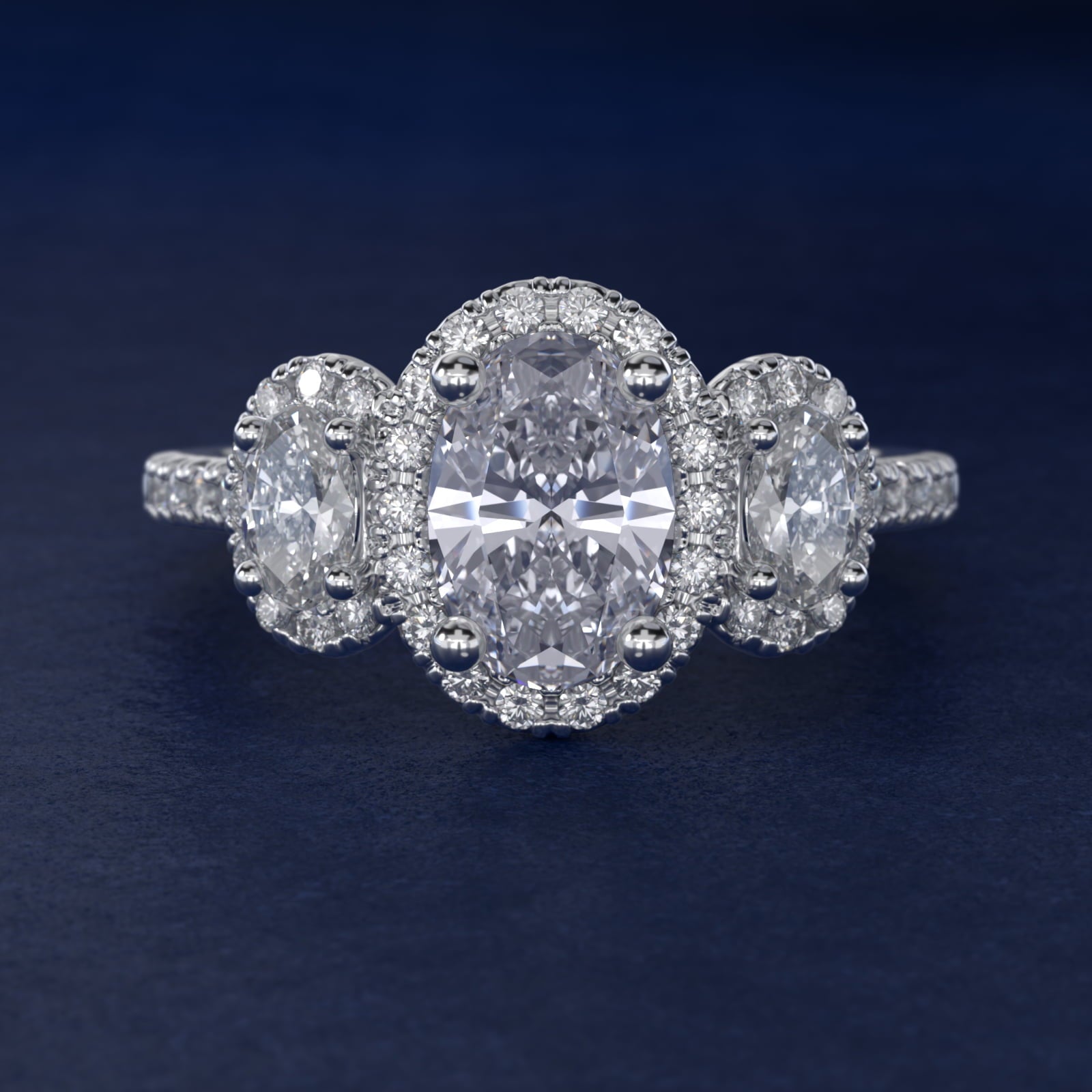 Three-Stone Oval Halo Diamond Engagement Ring in 18k White Gold - Oval Center