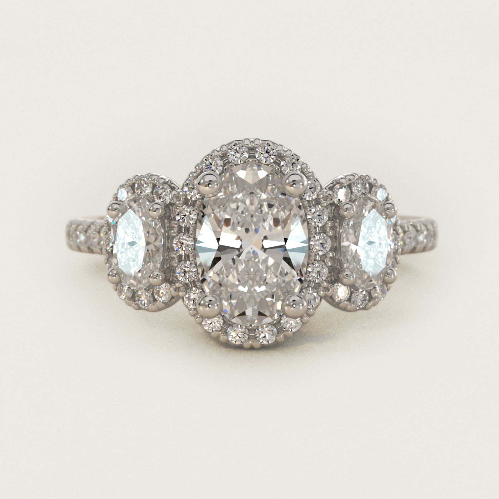 Three-Stone Oval Halo Diamond Engagement Ring in 18k White Gold - Oval Center