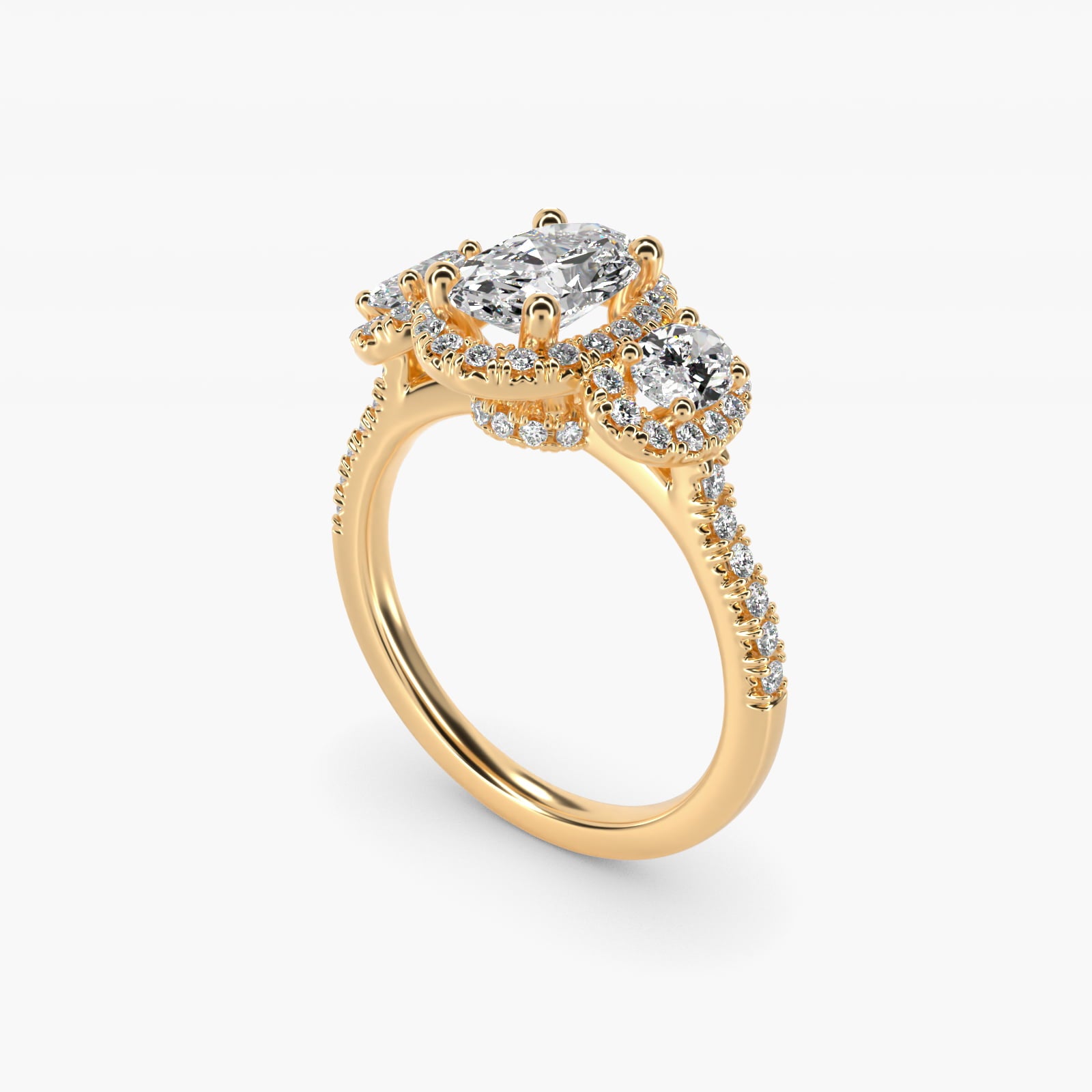 Three-Stone Oval Halo Diamond Engagement Ring in 18k Yellow Gold - Oval Center
