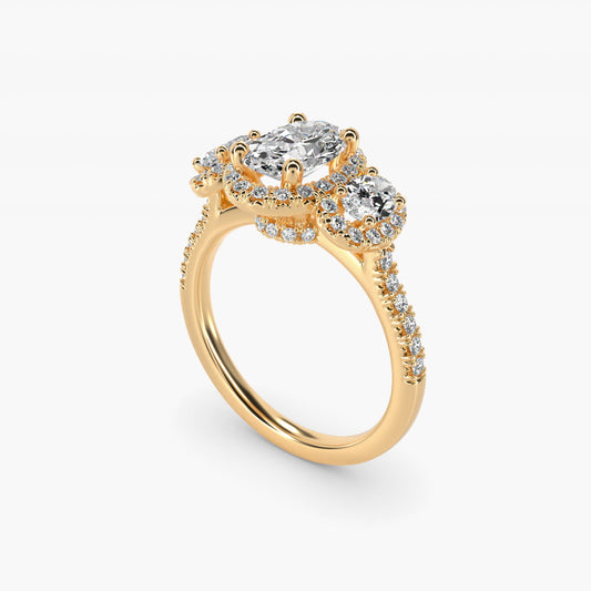 Three-Stone Oval Halo Diamond Engagement Ring in 18k Yellow Gold - Oval Center