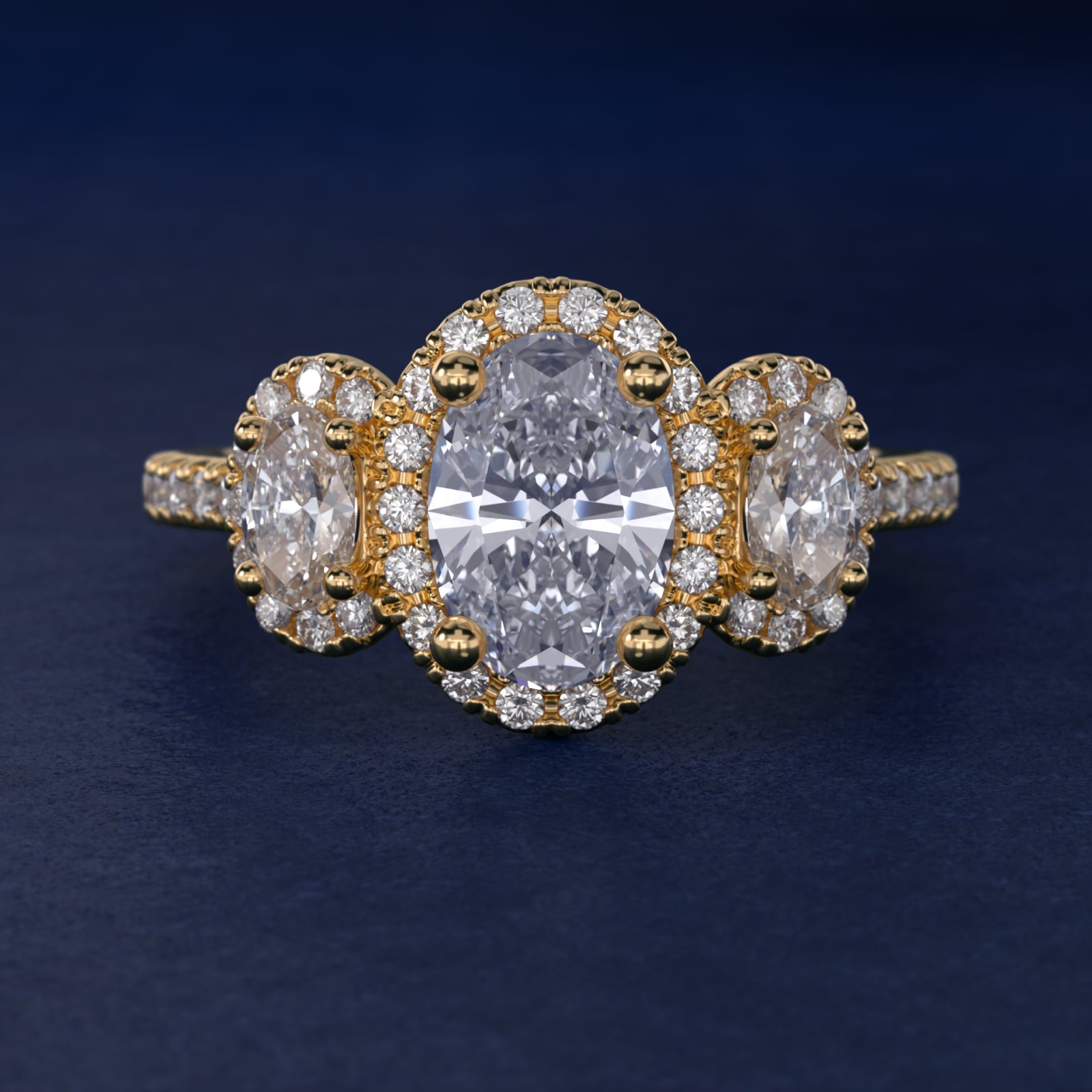 Three-Stone Oval Halo Diamond Engagement Ring in 14k Yellow Gold - Oval Center