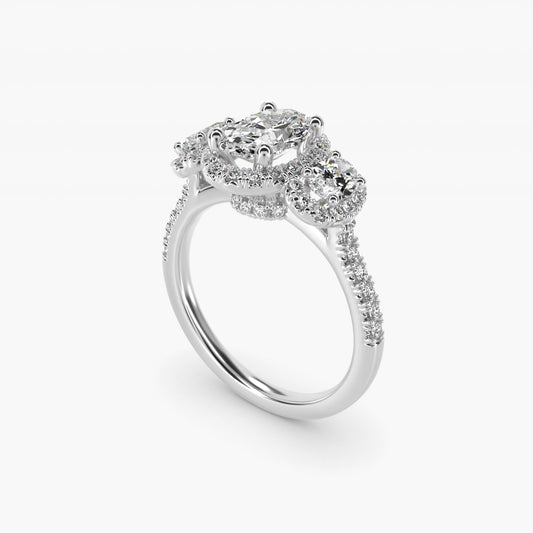 Three-Stone Oval Halo Diamond Engagement Ring in Platinum - Oval Center