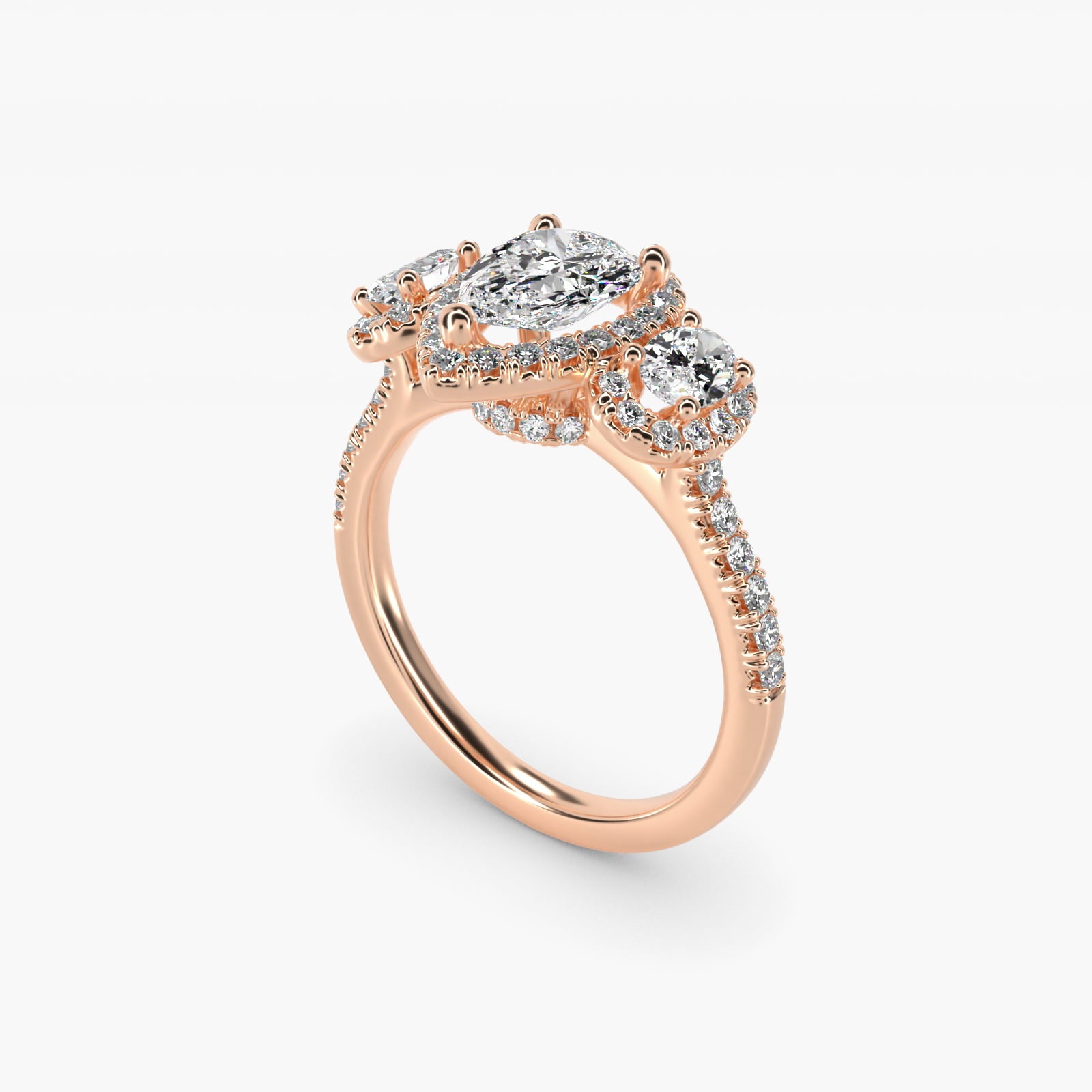 Three-Stone Oval Halo Diamond Engagement Ring in 18k Rose Gold - Pear Center