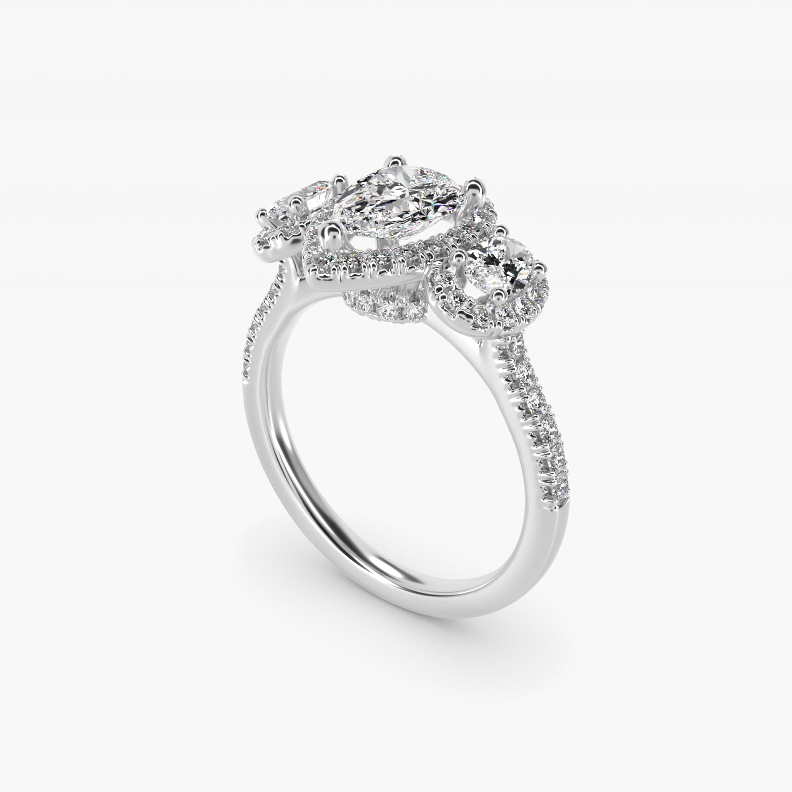 Three-Stone Oval Halo Diamond Engagement Ring in 18k White Gold - Pear Center
