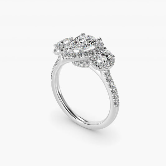 Three-Stone Oval Halo Diamond Engagement Ring in 18k White Gold - Pear Center