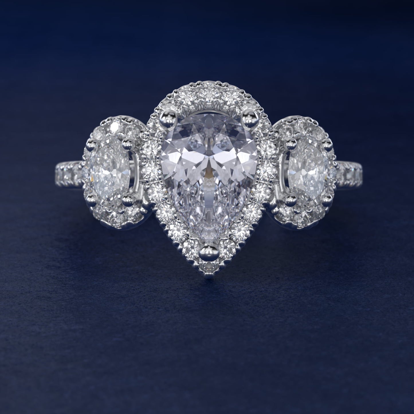 Three-Stone Oval Halo Diamond Engagement Ring in 14k White Gold - Pear Center
