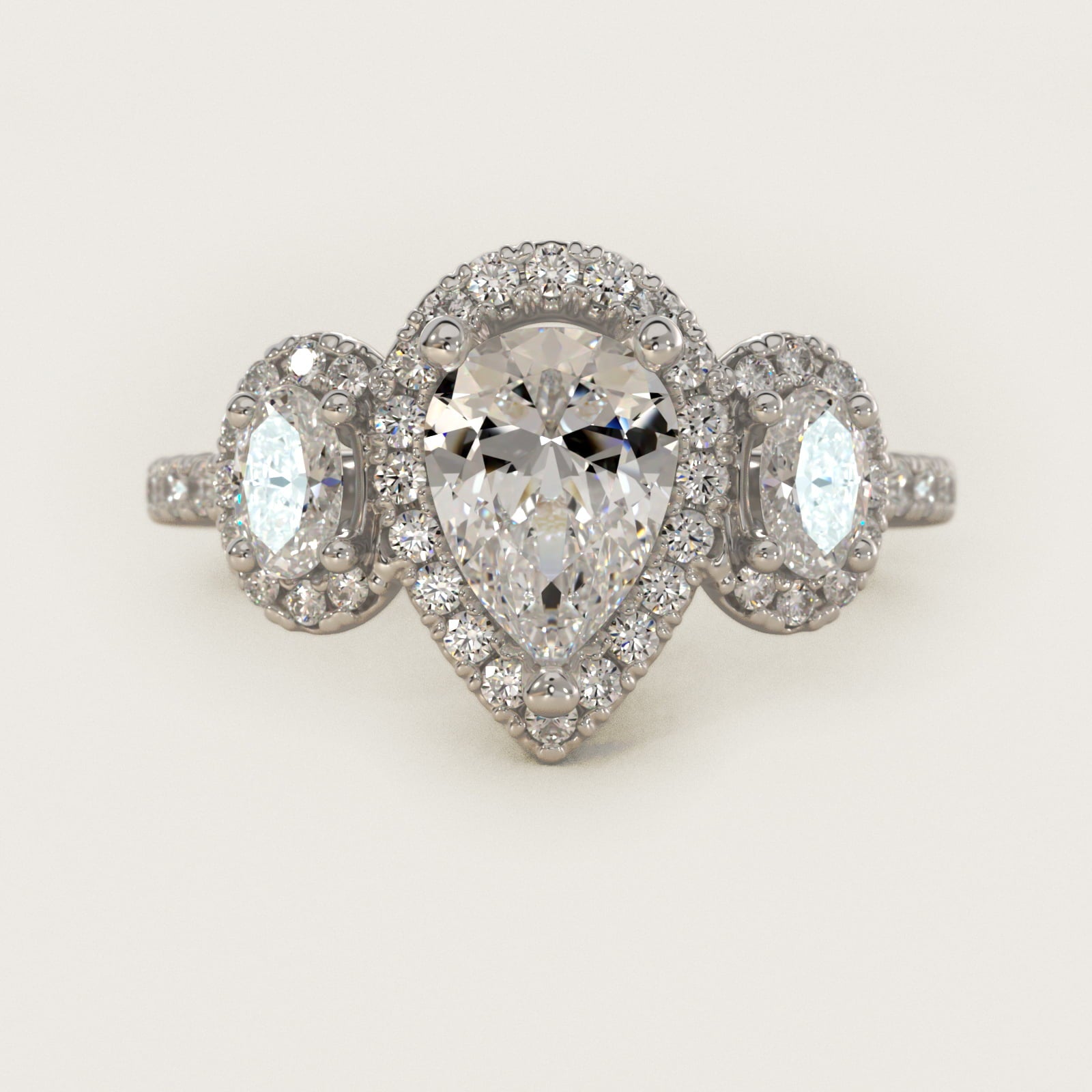 Three-Stone Oval Halo Diamond Engagement Ring in 18k White Gold - Pear Center