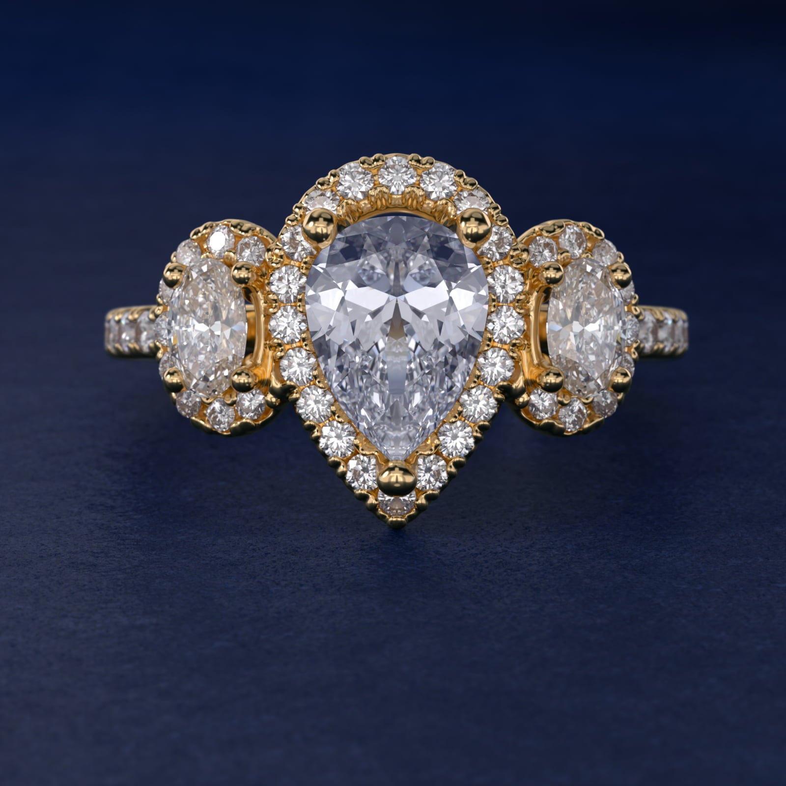 Three-Stone Oval Halo Diamond Engagement Ring in 14k Yellow Gold - Pear Center