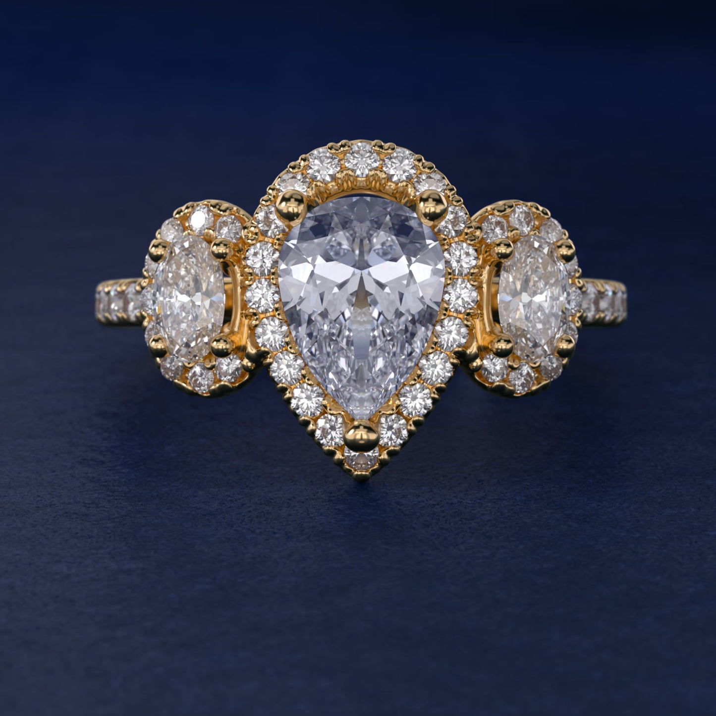 Three-Stone Oval Halo Diamond Engagement Ring in 18k Yellow Gold - Pear Center