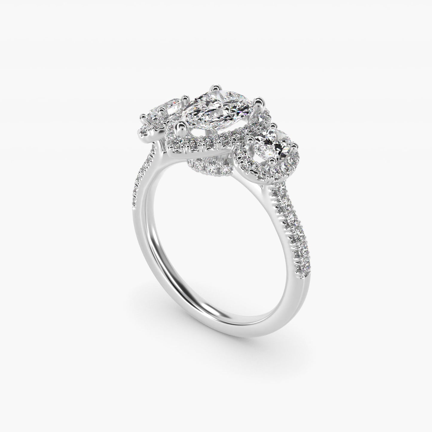 Three-Stone Oval Halo Diamond Engagement Ring in Platinum - Pear Center