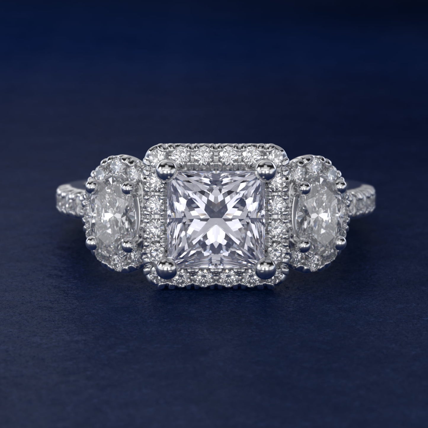 Three-Stone Oval Halo Diamond Engagement Ring in 14k White Gold - Princess Center