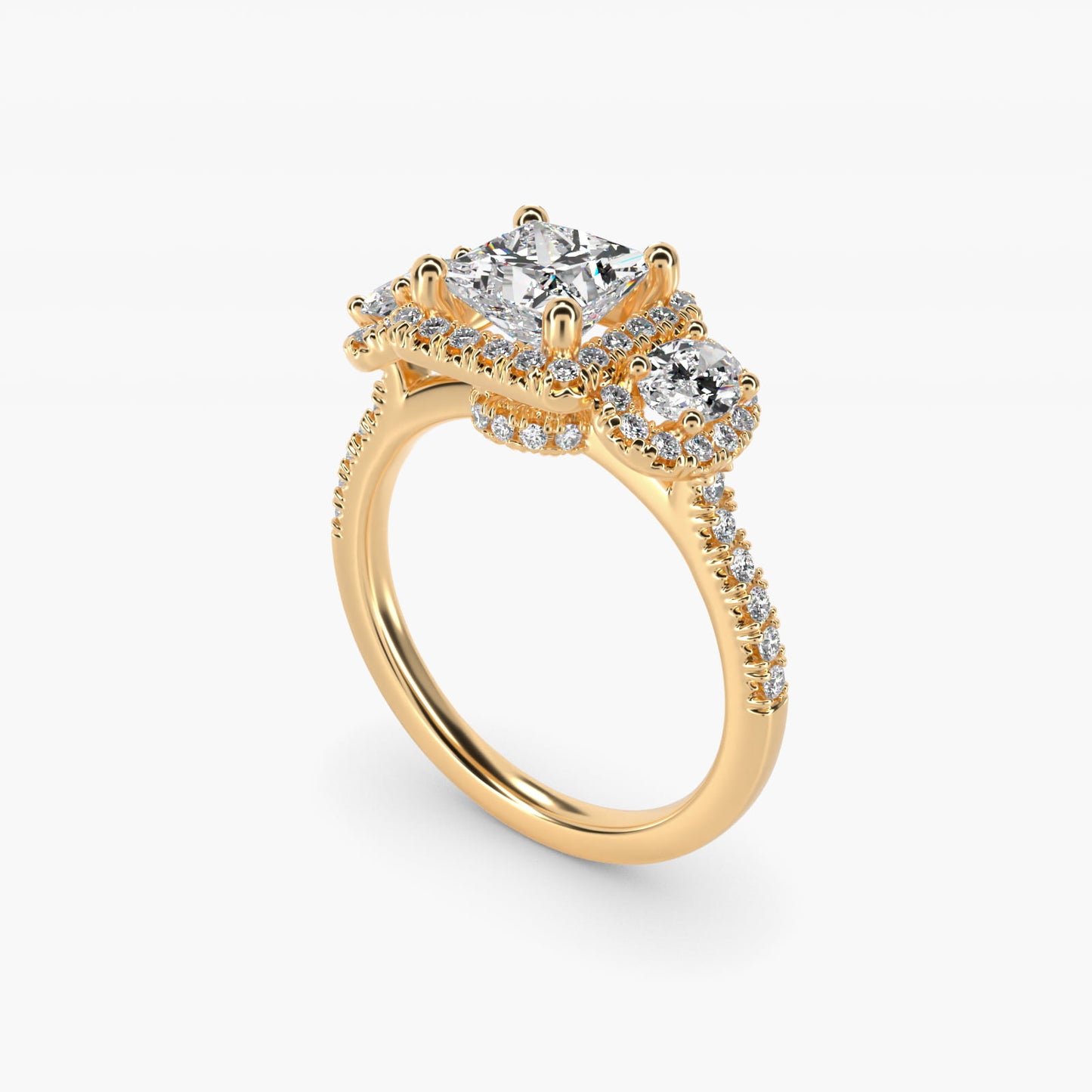 Three-Stone Oval Halo Diamond Engagement Ring in 14k Yellow Gold - Princess Center