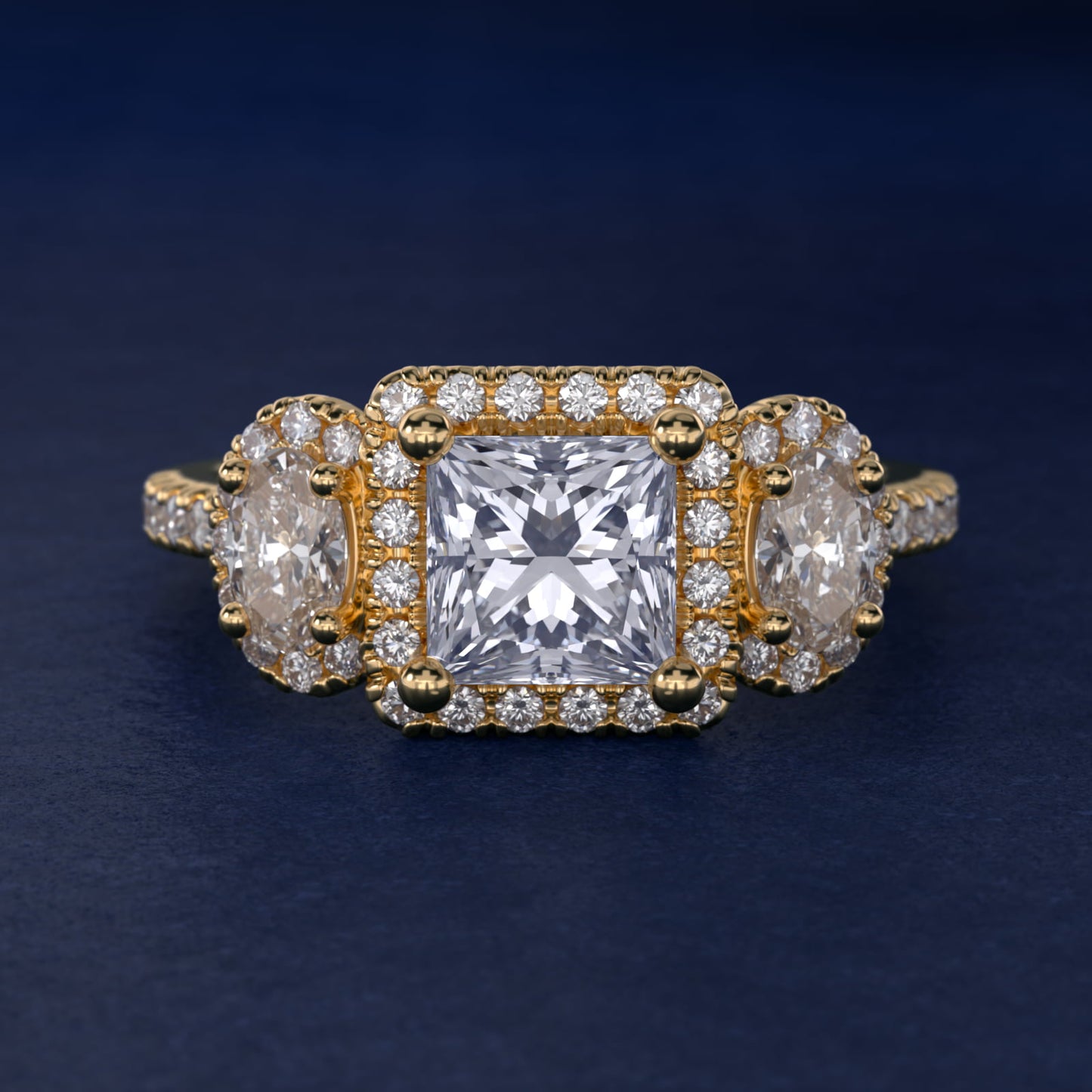 Three-Stone Oval Halo Diamond Engagement Ring in 14k Yellow Gold - Princess Center