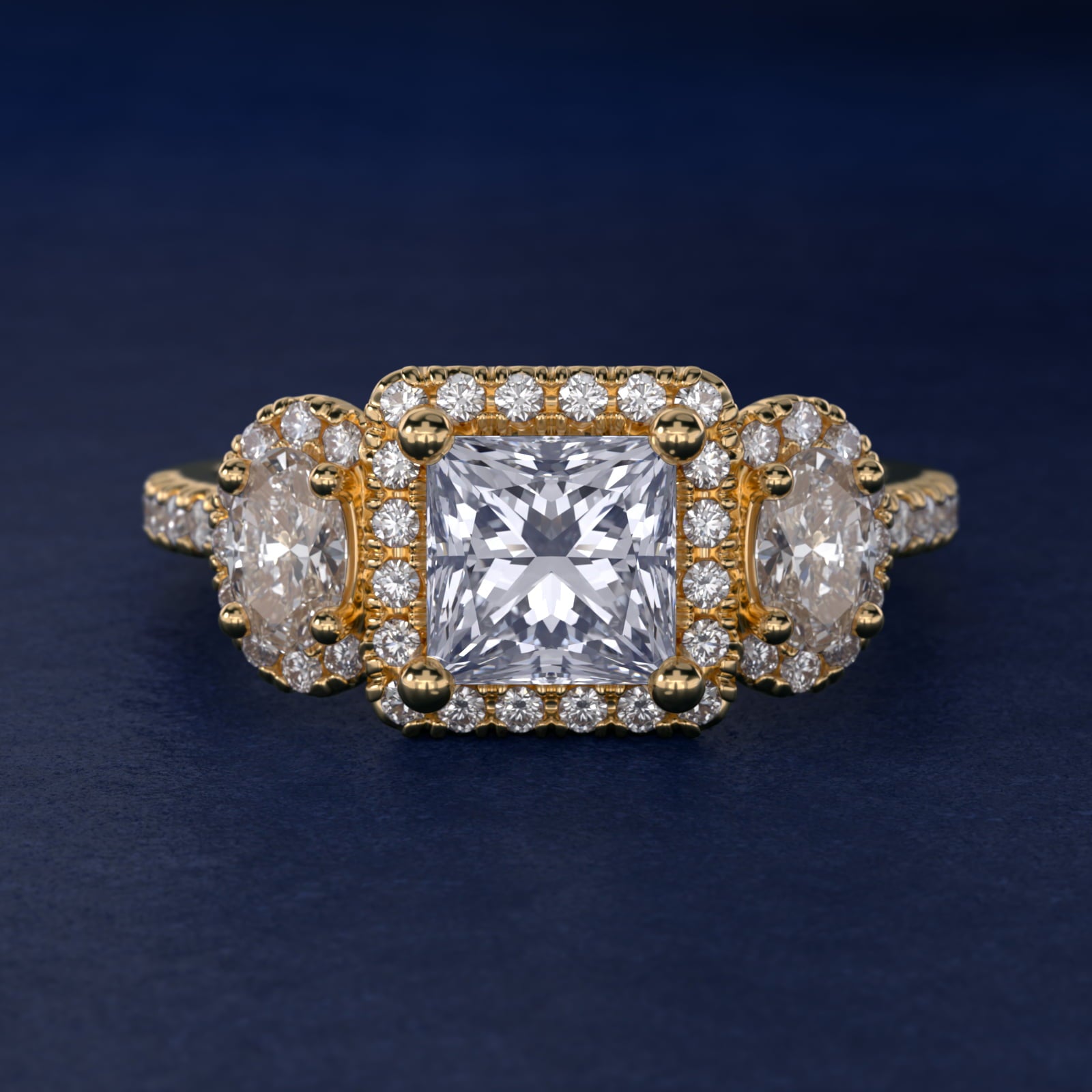 Three-Stone Oval Halo Diamond Engagement Ring in 14k Yellow Gold - Princess Center