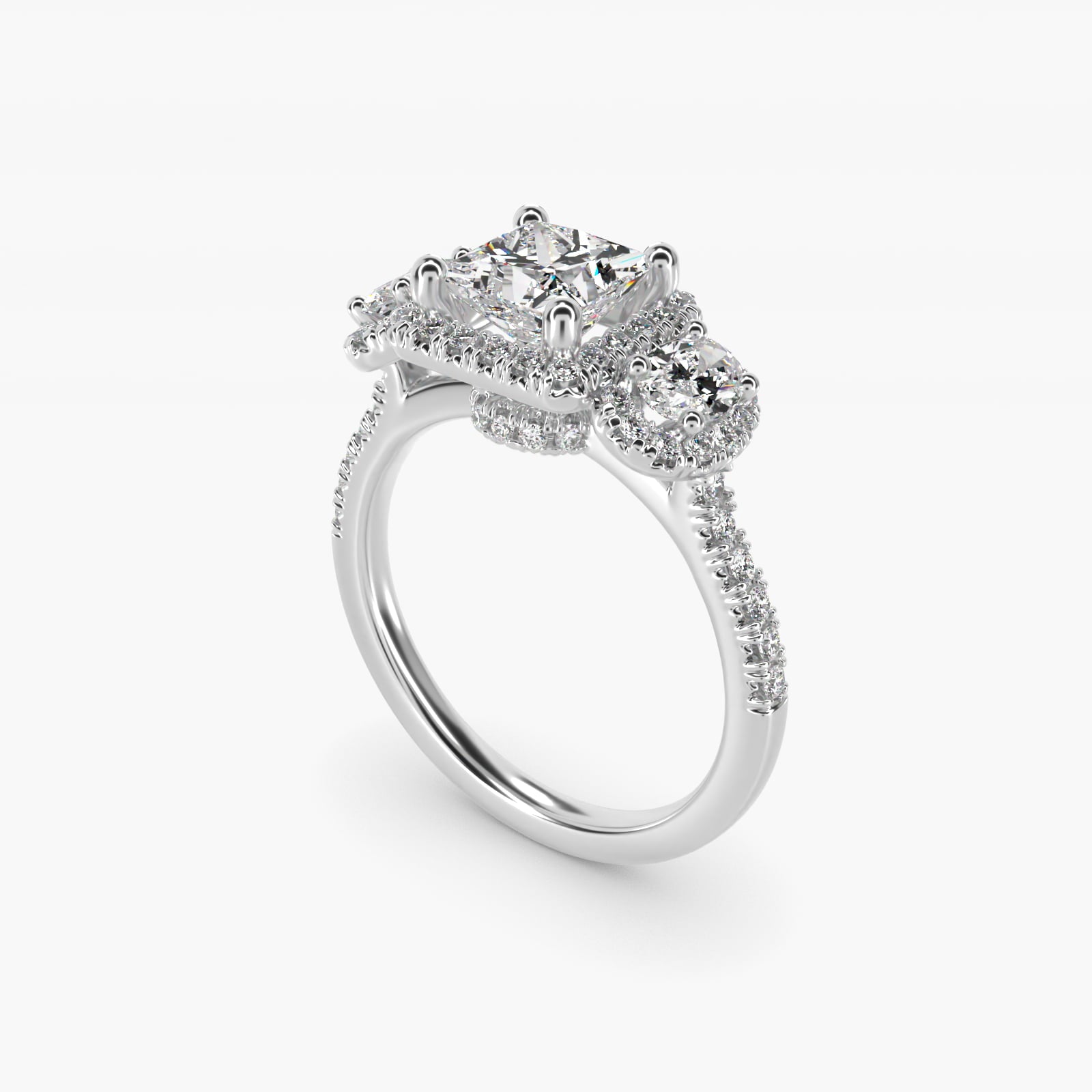 Three-Stone Oval Halo Diamond Engagement Ring in Platinum - Princess Center
