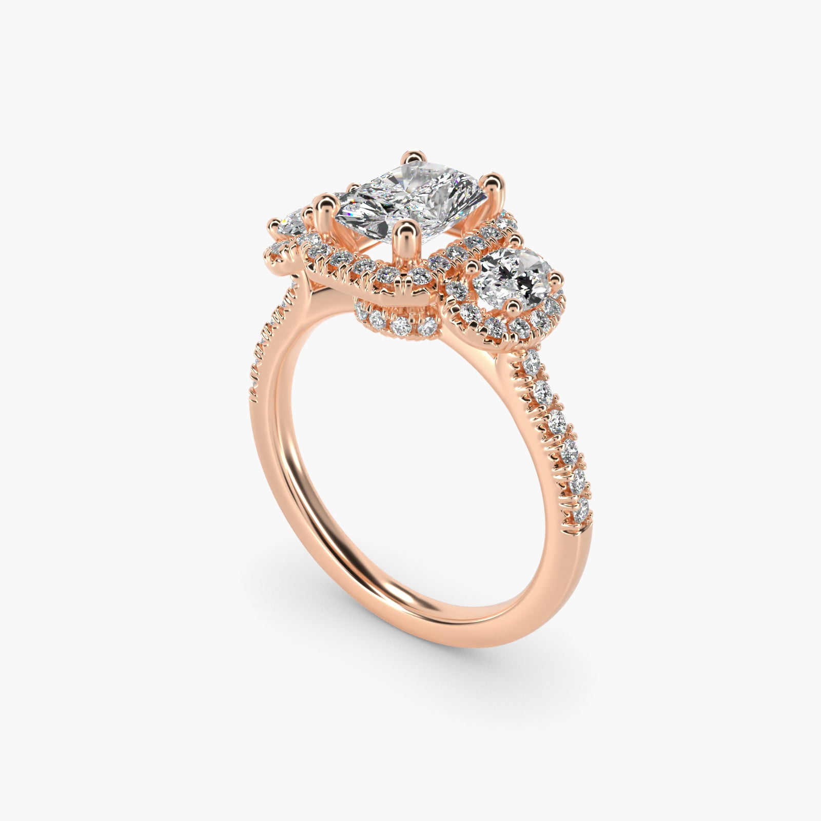Three-Stone Oval Halo Diamond Engagement Ring in 18k Rose Gold - Radiant Center