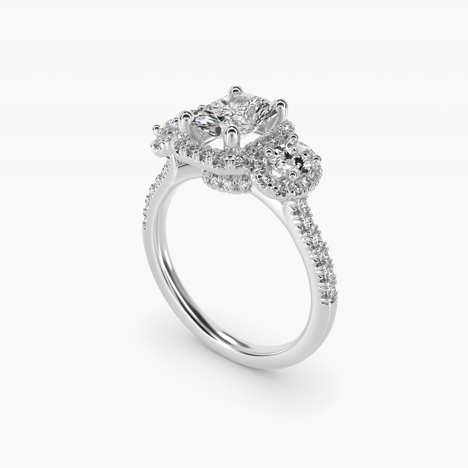 Three-Stone Oval Halo Diamond Engagement Ring in 14k White Gold - Radiant Center