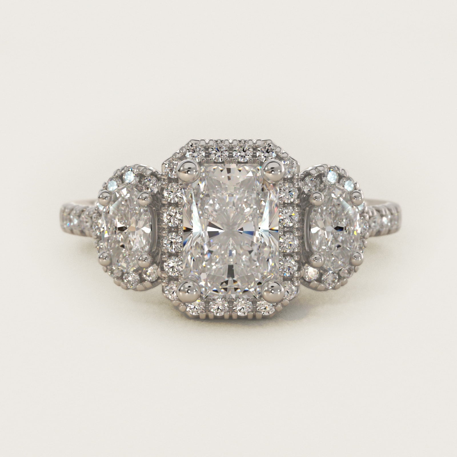 Three-Stone Oval Halo Diamond Engagement Ring in 18k White Gold - Radiant Center