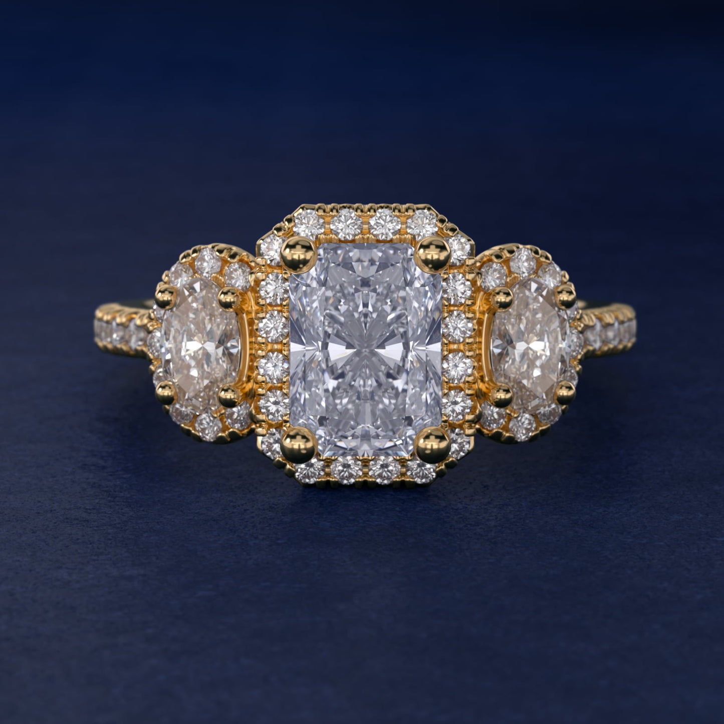 Three-Stone Oval Halo Diamond Engagement Ring in 18k Yellow Gold - Radiant Center