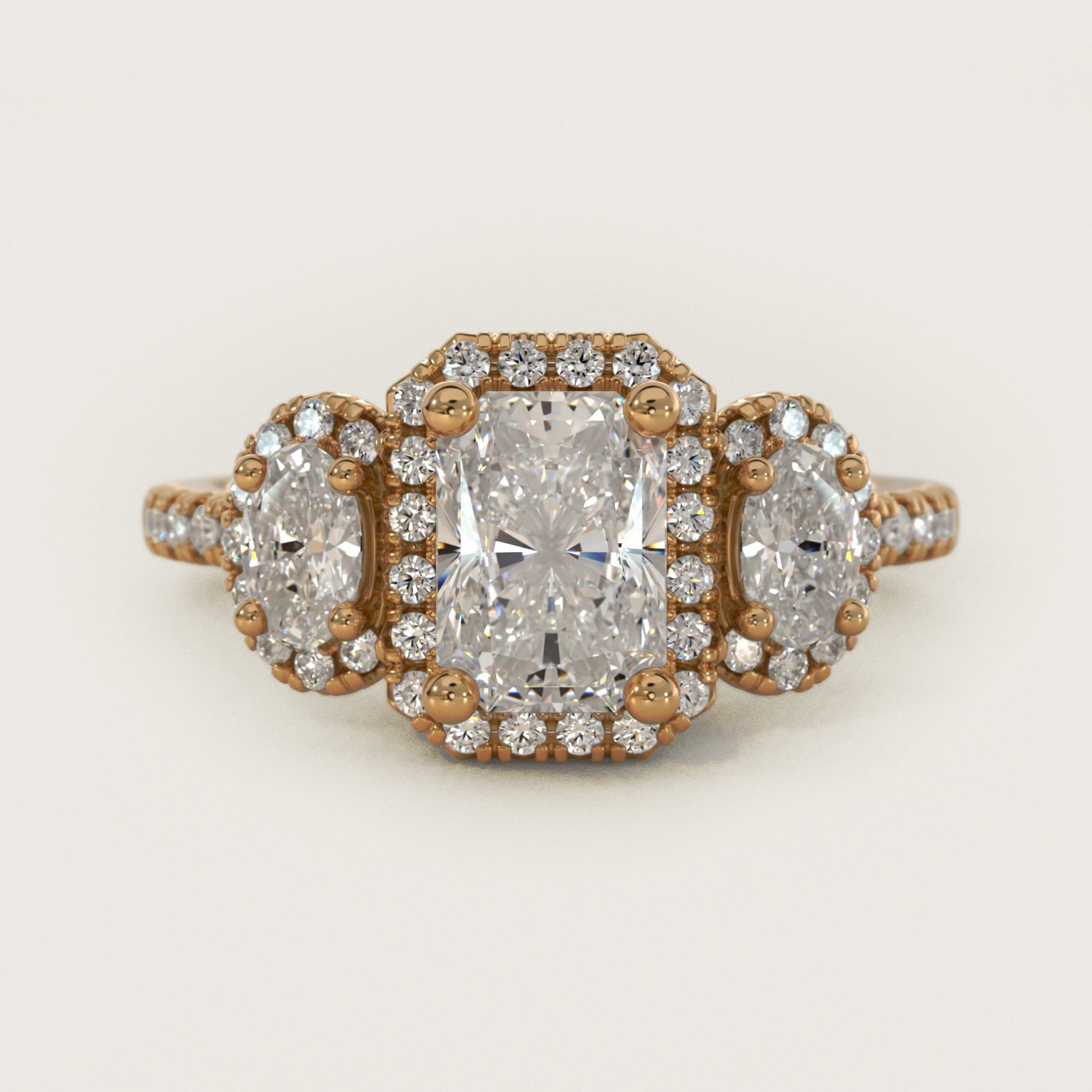 Three-Stone Oval Halo Diamond Engagement Ring in 18k Yellow Gold - Radiant Center