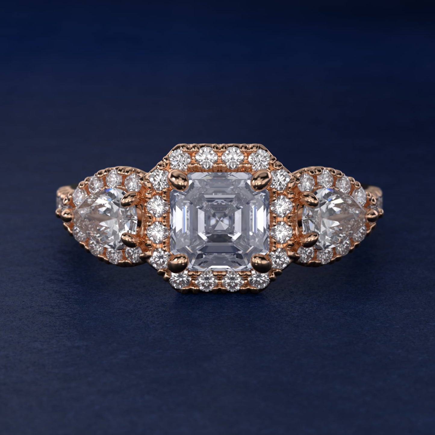 Three-Stone Pear Halo Diamond Engagement Ring in 18k Rose Gold - Asscher Center