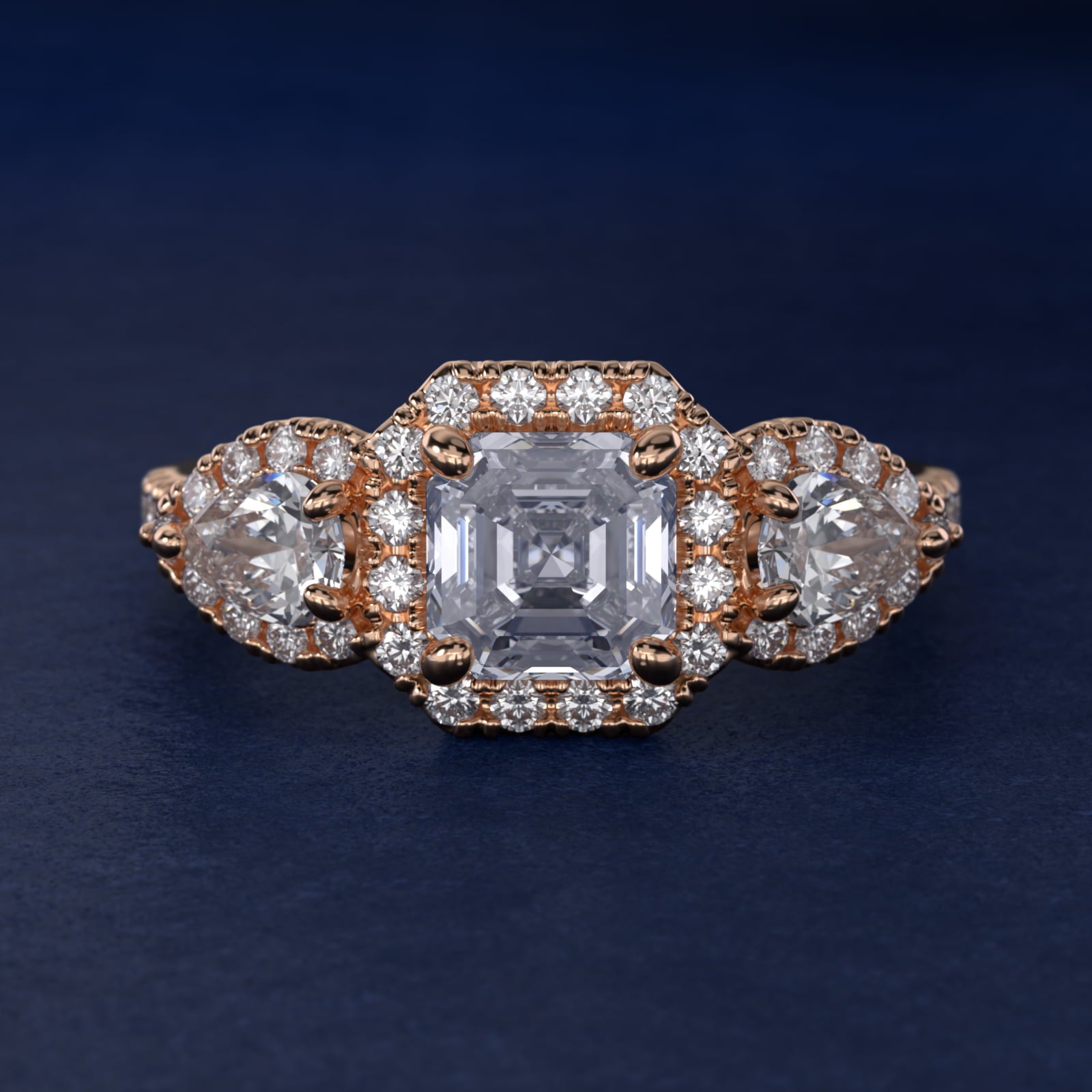 Three-Stone Pear Halo Diamond Engagement Ring in 18k Rose Gold - Asscher Center