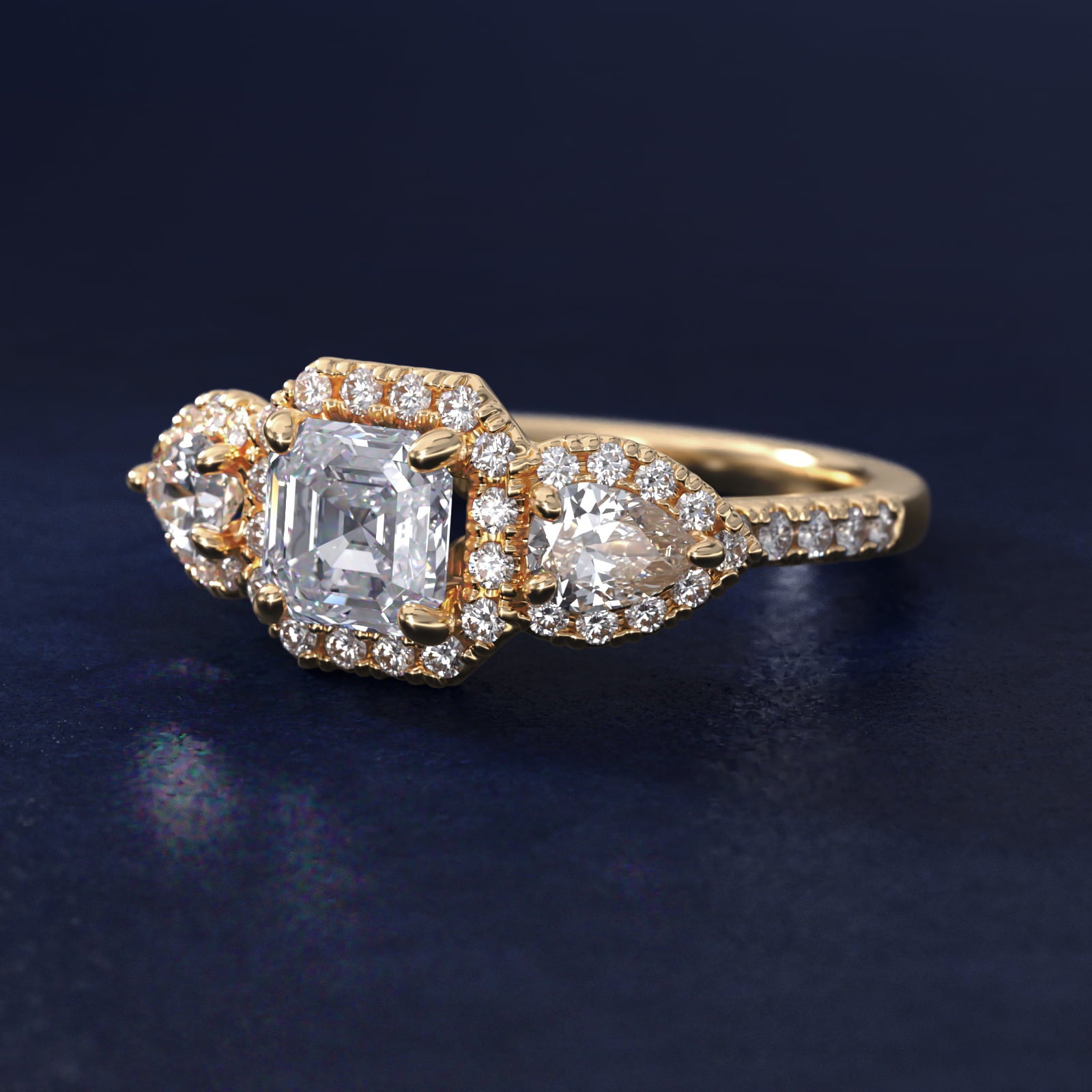 Three-Stone Pear Halo Diamond Engagement Ring in 18k Yellow Gold - Asscher Center