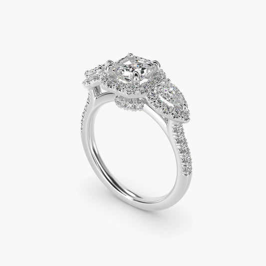 Three-Stone Pear Halo Diamond Engagement Ring in Platinum - Asscher Center