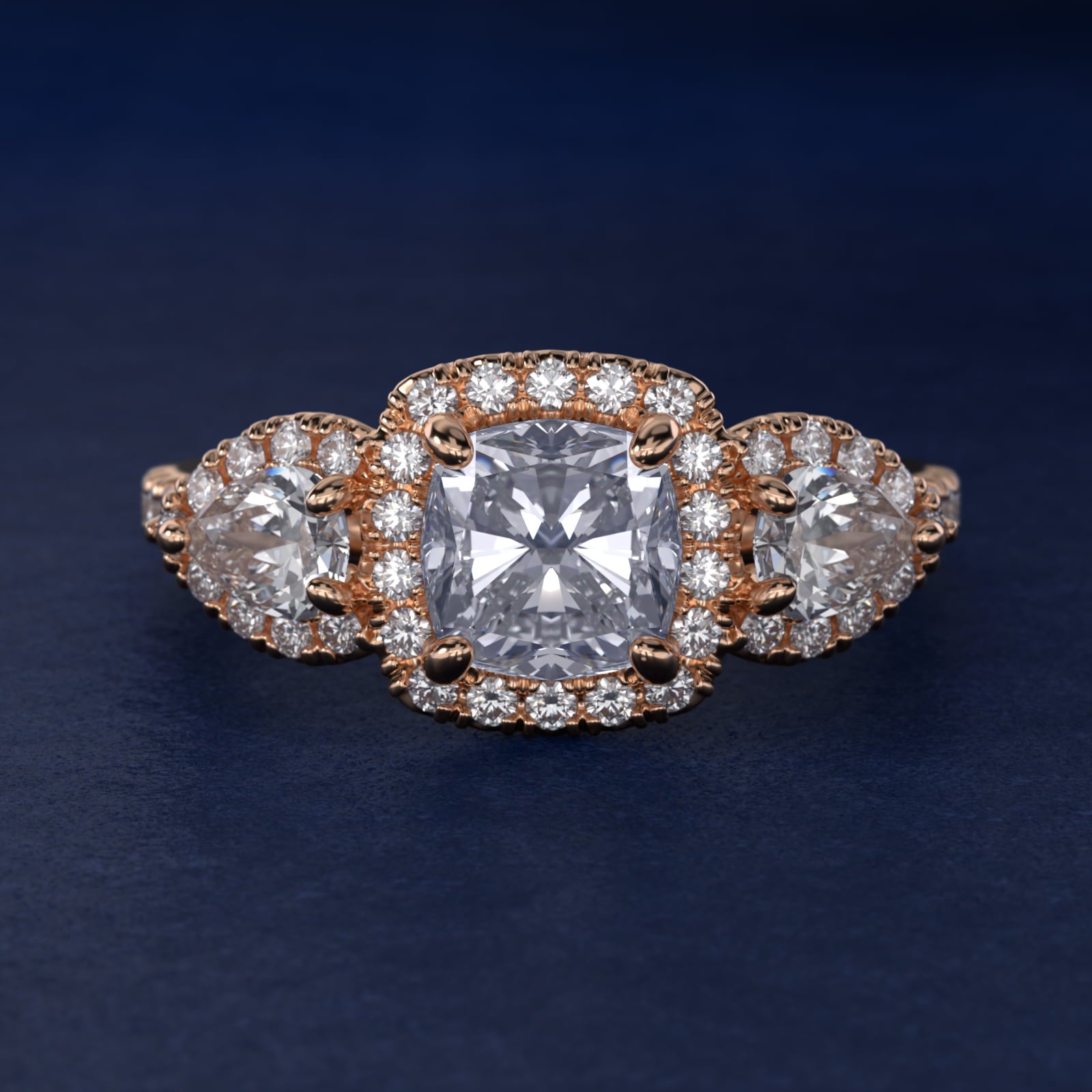 Three-Stone Pear Halo Diamond Engagement Ring in 18k Rose Gold - Cushion Center