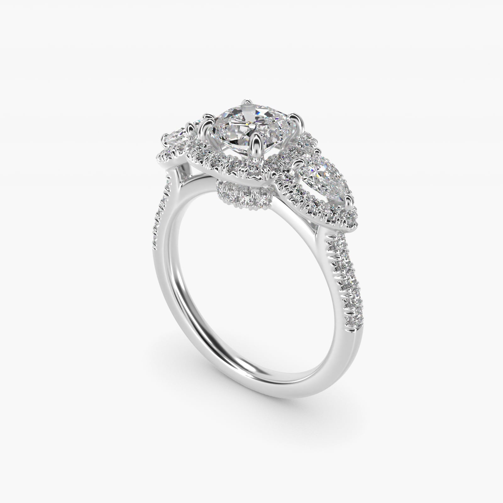 Three-Stone Pear Halo Diamond Engagement Ring in 18k White Gold - Cushion Center