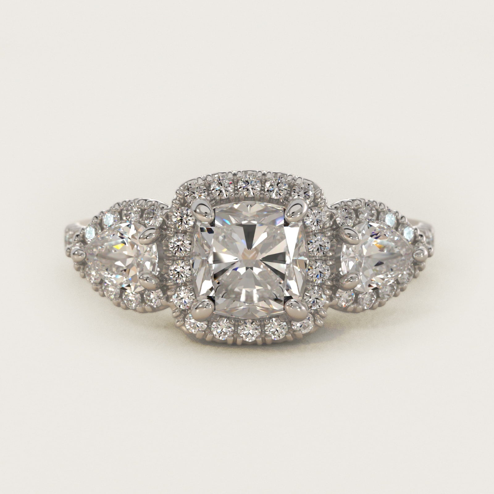 Three-Stone Pear Halo Diamond Engagement Ring in 18k White Gold - Cushion Center