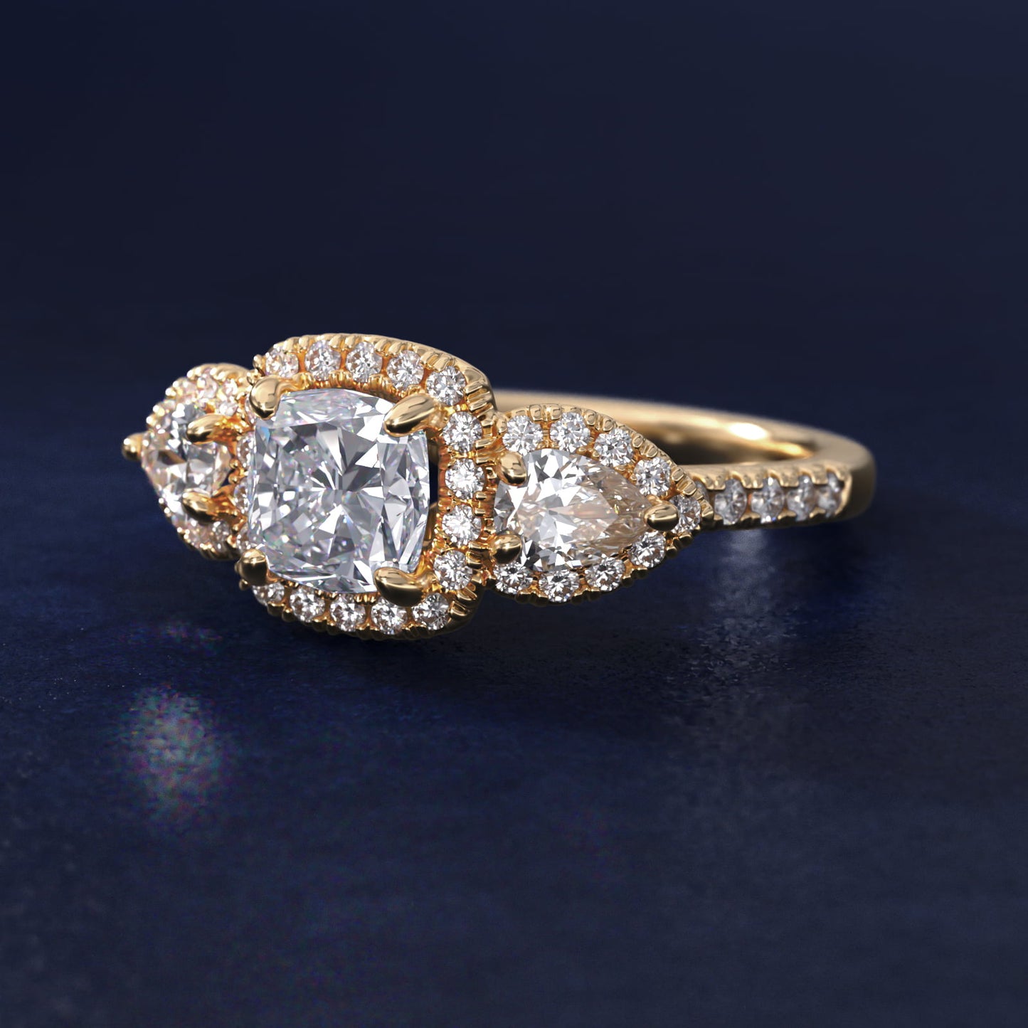Three-Stone Pear Halo Diamond Engagement Ring in 18k Yellow Gold - Cushion Center