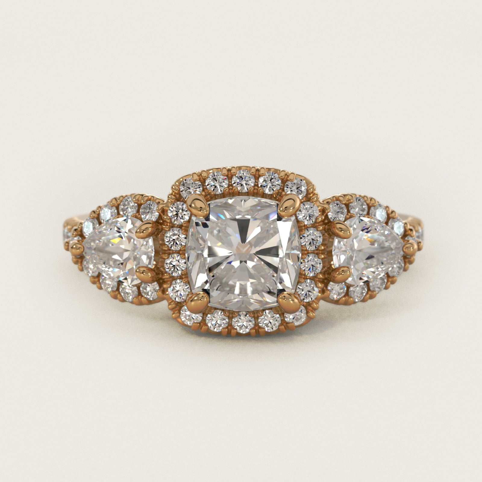 Three-Stone Pear Halo Diamond Engagement Ring in 14k Yellow Gold - Cushion Center