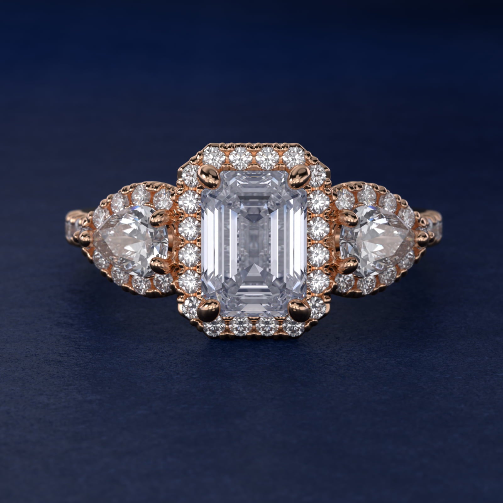 Three-Stone Pear Halo Diamond Engagement Ring in 14k Rose Gold - Emerald Center