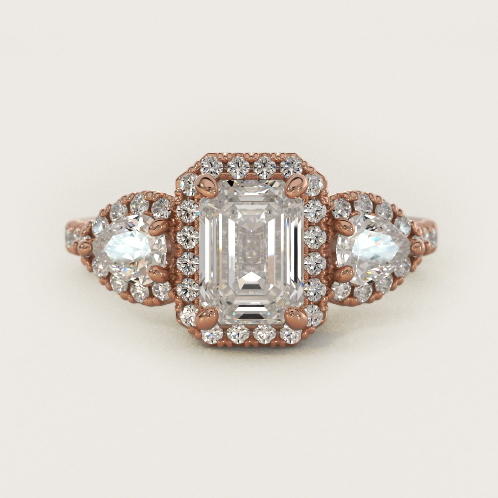 Three-Stone Pear Halo Diamond Engagement Ring in 18k Rose Gold - Emerald Center