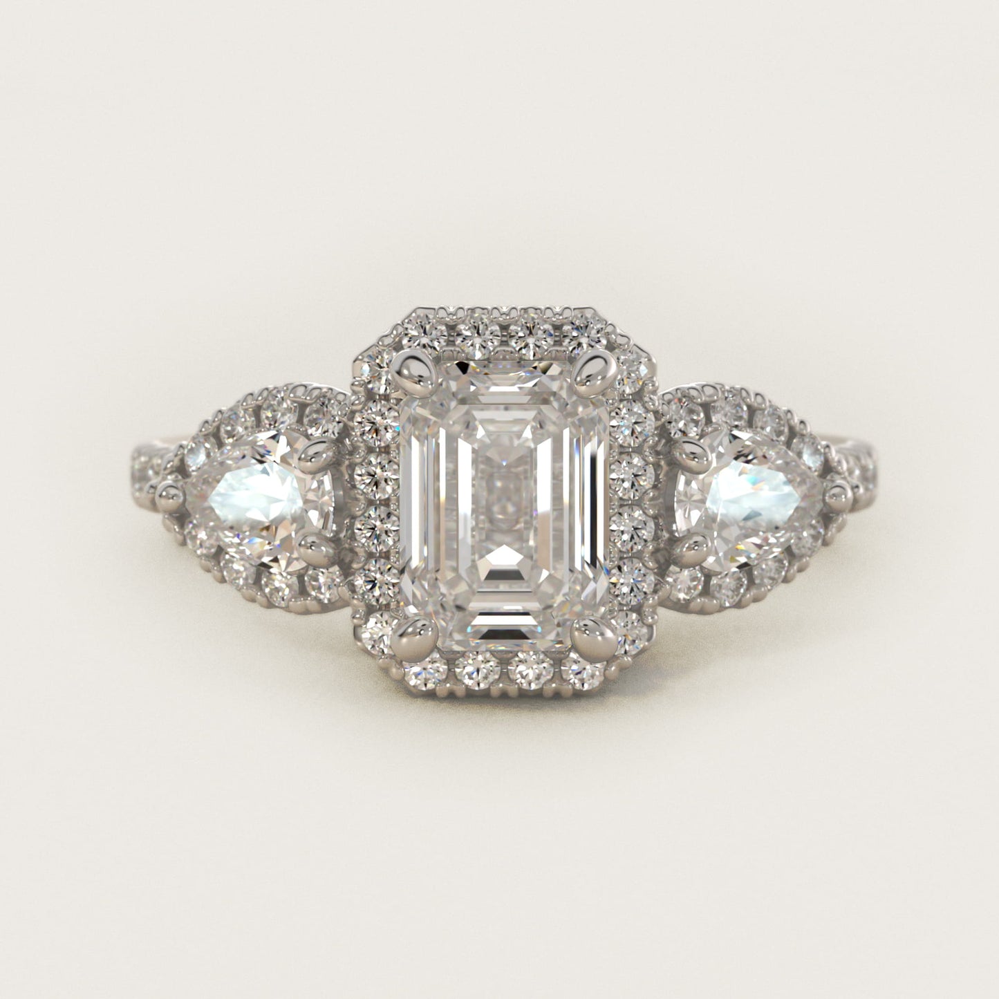 Three-Stone Pear Halo Diamond Engagement Ring in 18k White Gold - Emerald Center