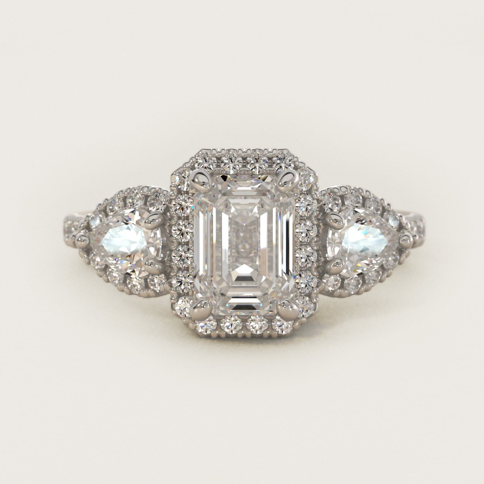 Three-Stone Pear Halo Diamond Engagement Ring in 18k White Gold - Emerald Center