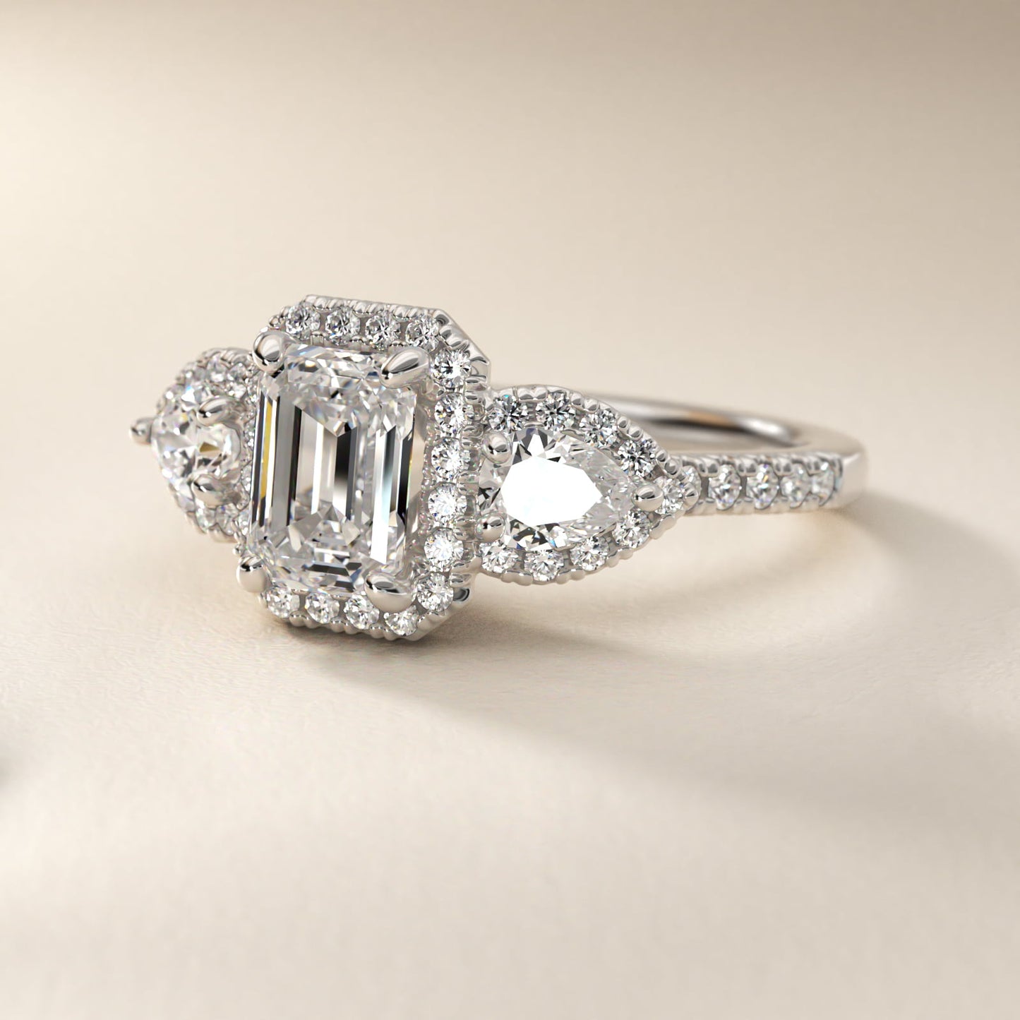 Three-Stone Pear Halo Diamond Engagement Ring in 18k White Gold - Emerald Center