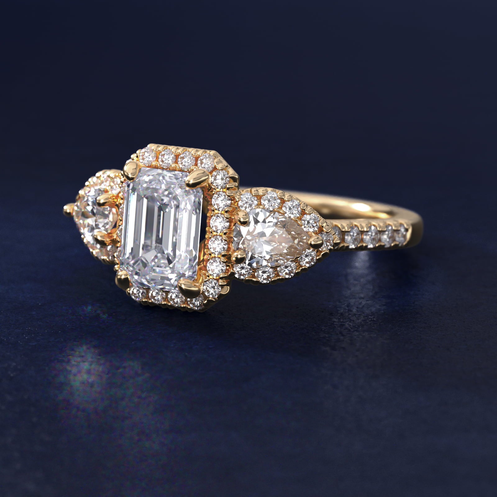 Three-Stone Pear Halo Diamond Engagement Ring in 18k Yellow Gold - Emerald Center
