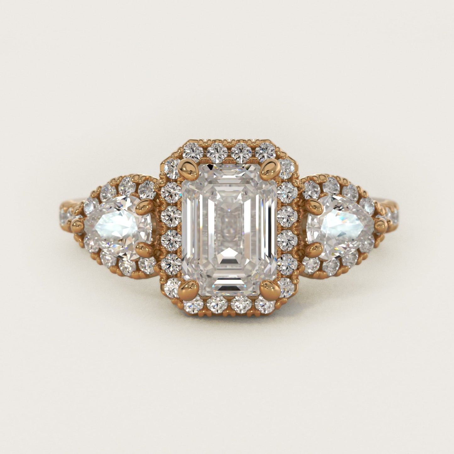 Three-Stone Pear Halo Diamond Engagement Ring in 14k Yellow Gold - Emerald Center