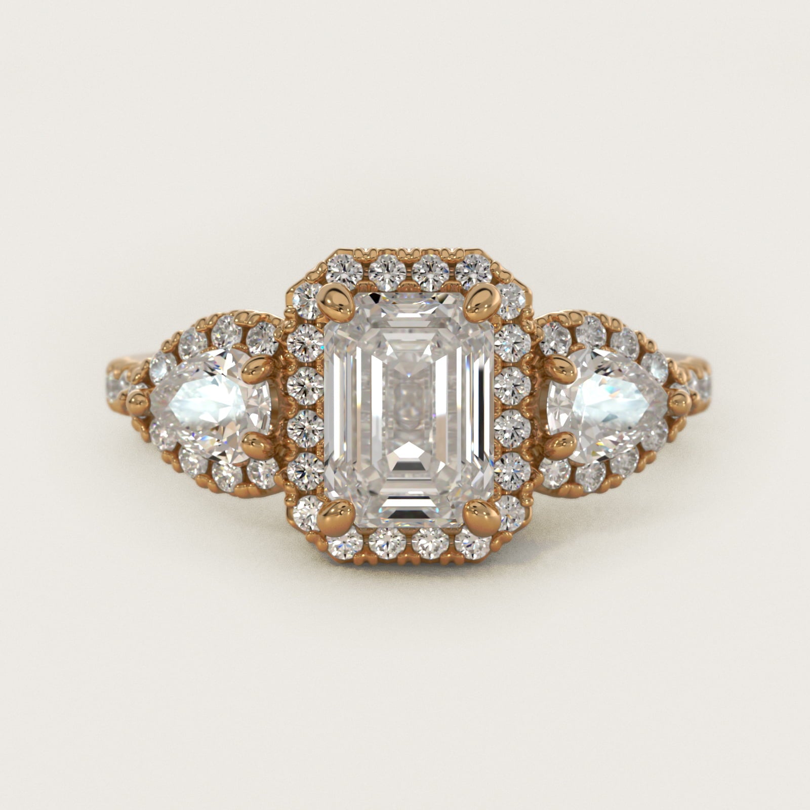 Three-Stone Pear Halo Diamond Engagement Ring in 18k Yellow Gold - Emerald Center
