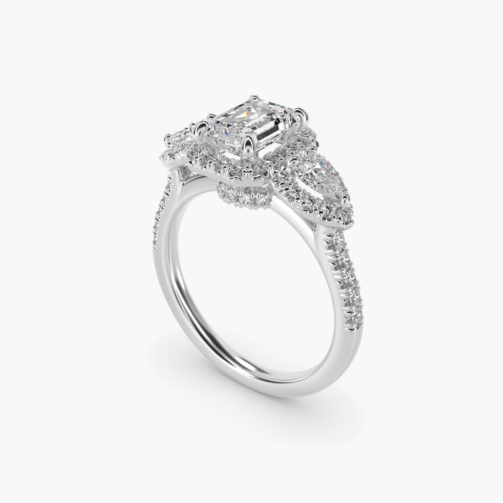 Three-Stone Pear Halo Diamond Engagement Ring in Platinum - Emerald Center